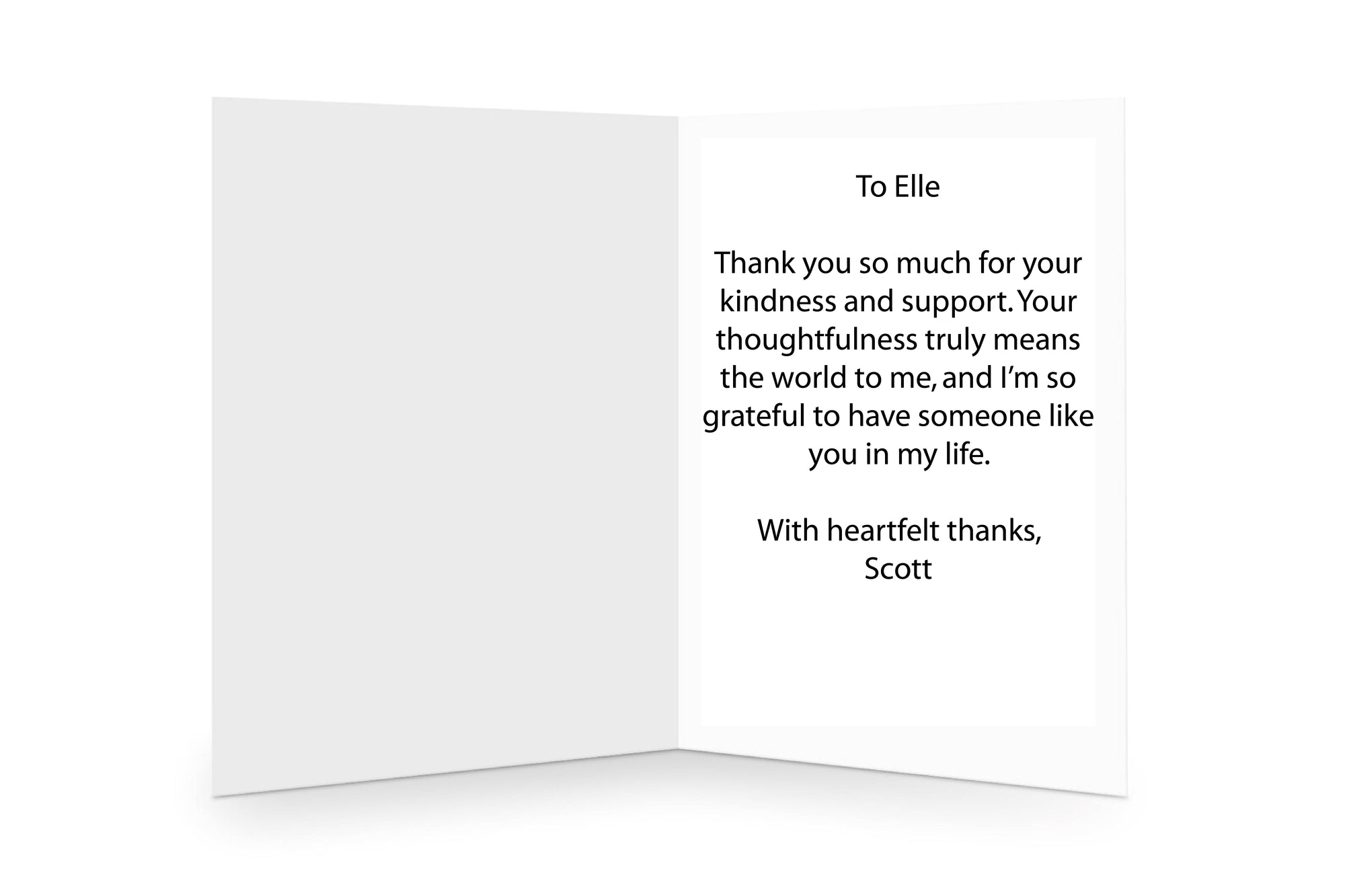 Personalised message inside a sincere 'Thank You' greetings card, adding a heartfelt expression of thank