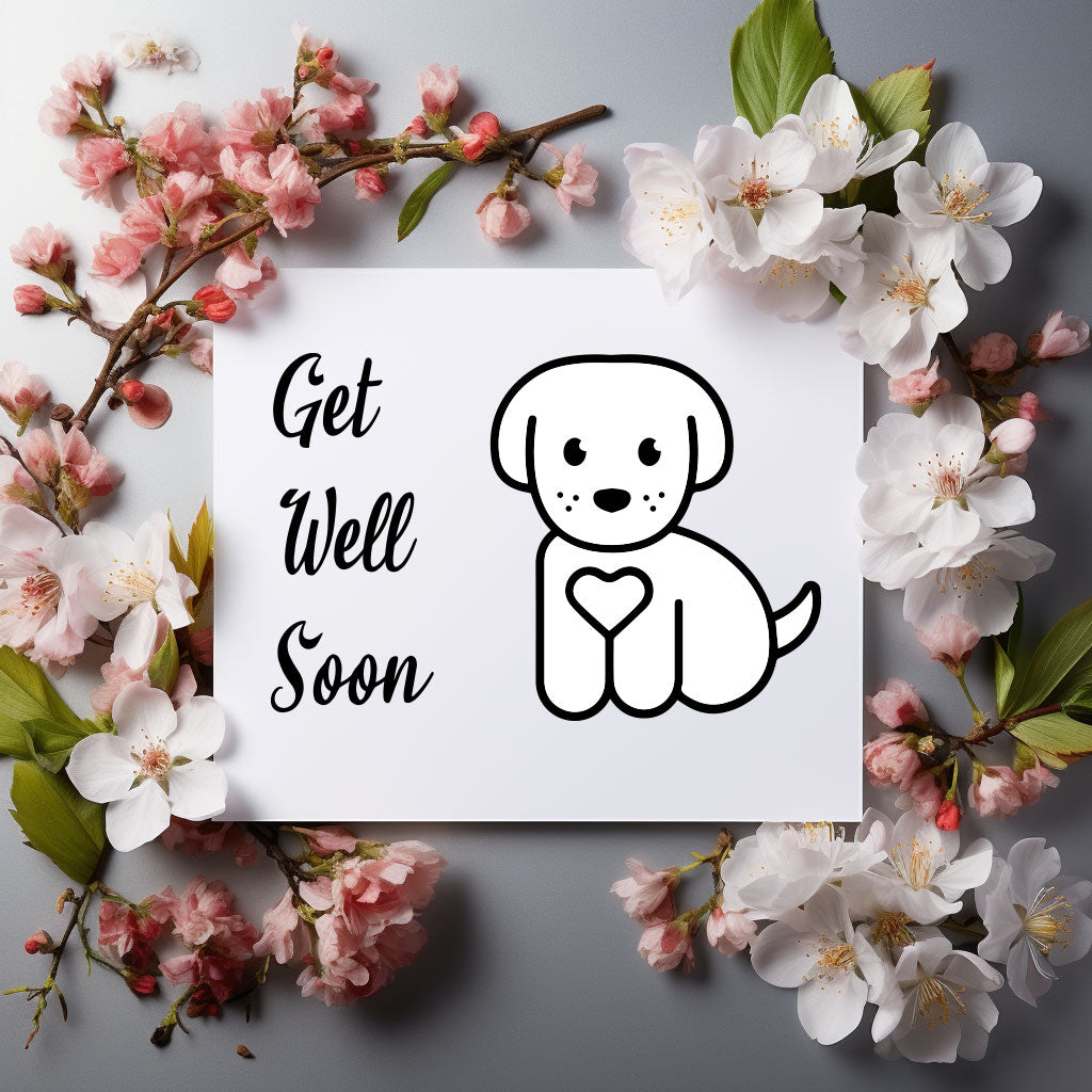 Heartwarming &#39;Get Well Soon&#39; card with a cute dog illustration, ideal for sharing comfort with friends in need.