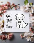 Heartwarming 'Get Well Soon' card with a cute dog illustration, ideal for sharing comfort with friends in need.