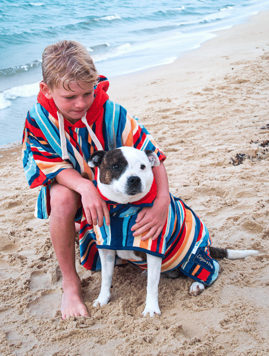 Kids' hooded towel – a soft and quick-drying surf poncho, perfect for the beach and pool. also matching dog coat. comes with free tote bag.