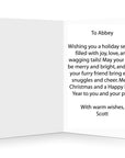 Personalised message inside a festive Christmas card, adding a heartfelt touch for dog lovers.